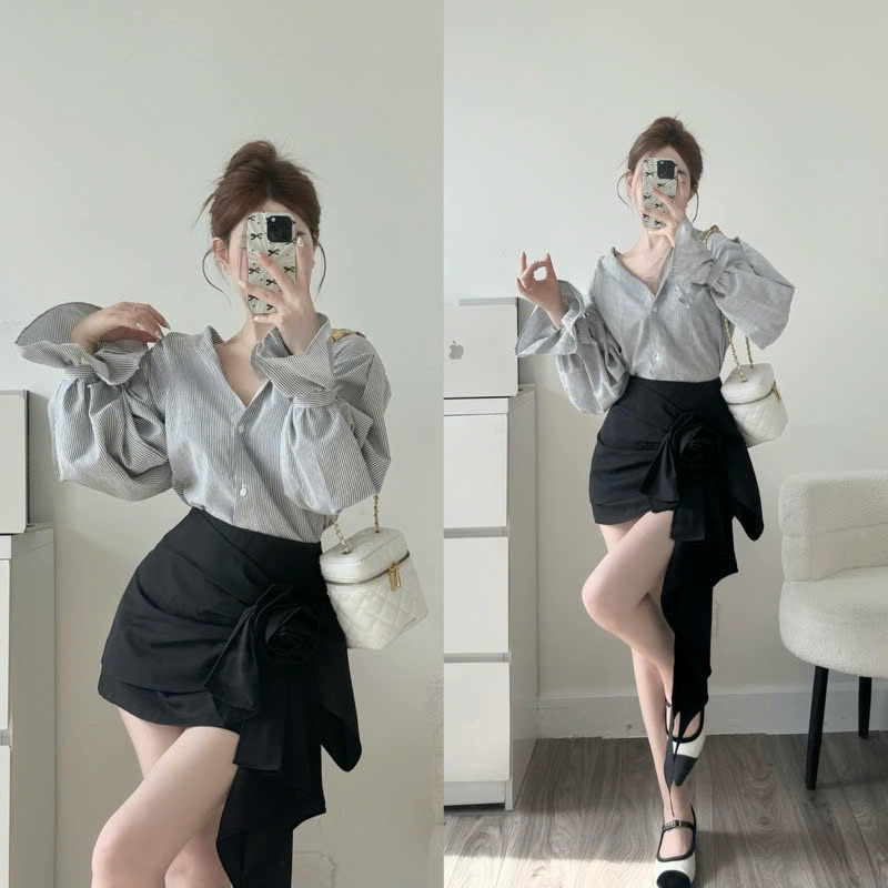 Set Áo Sơmi Kẻ Đen Dáng Thụng Tay Loe Mix Chân Váy Thô Vạt Chéo Kèm Hoa Siêu Xinh